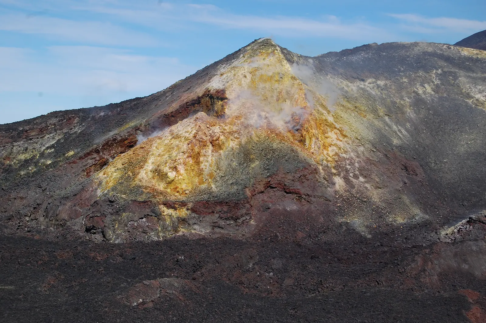 Mount Etna’s summit cone with fumaroles and sulphur